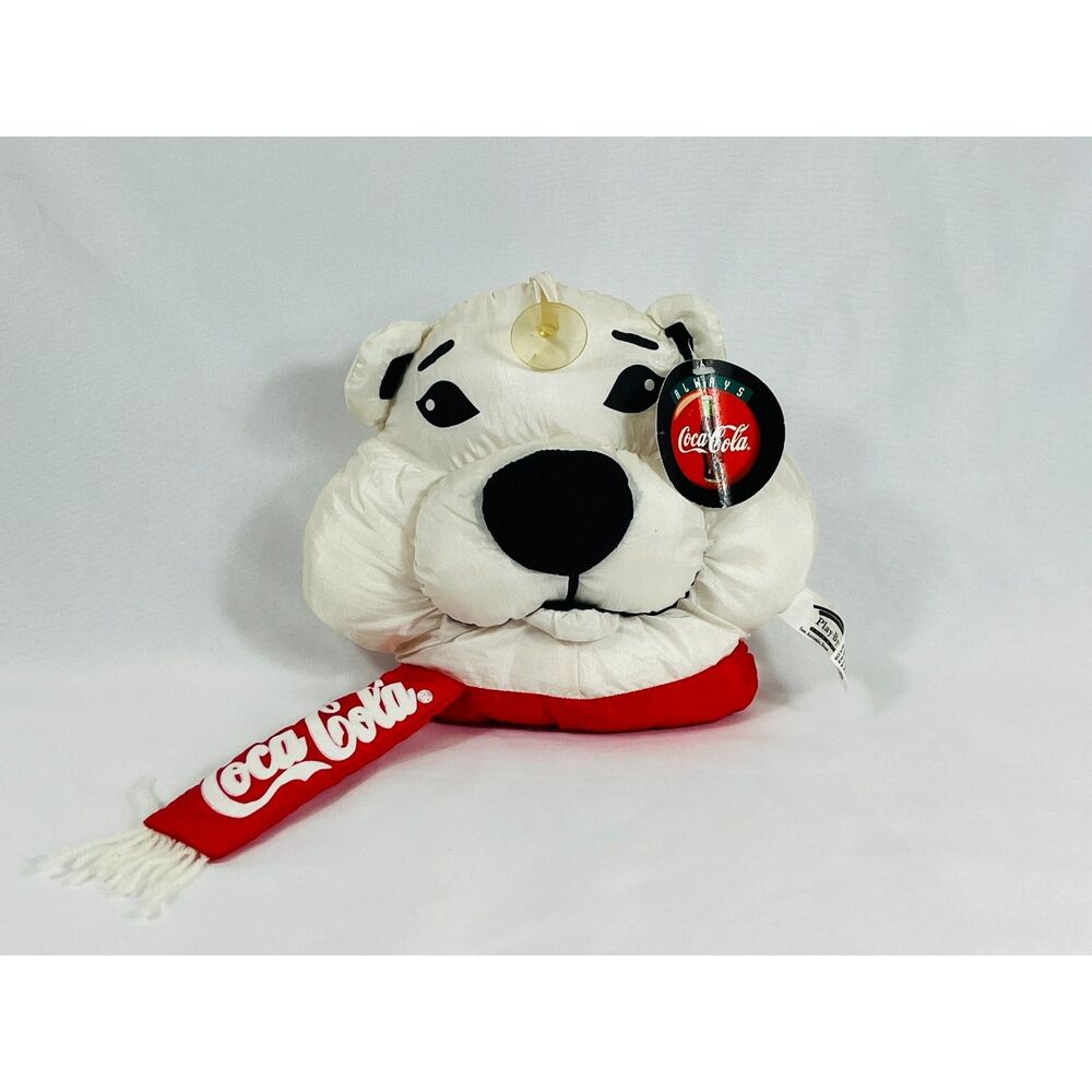 Vintage 1993 COCA COLA Plush Polar Bear Head Glass Suction NEW Window Cling